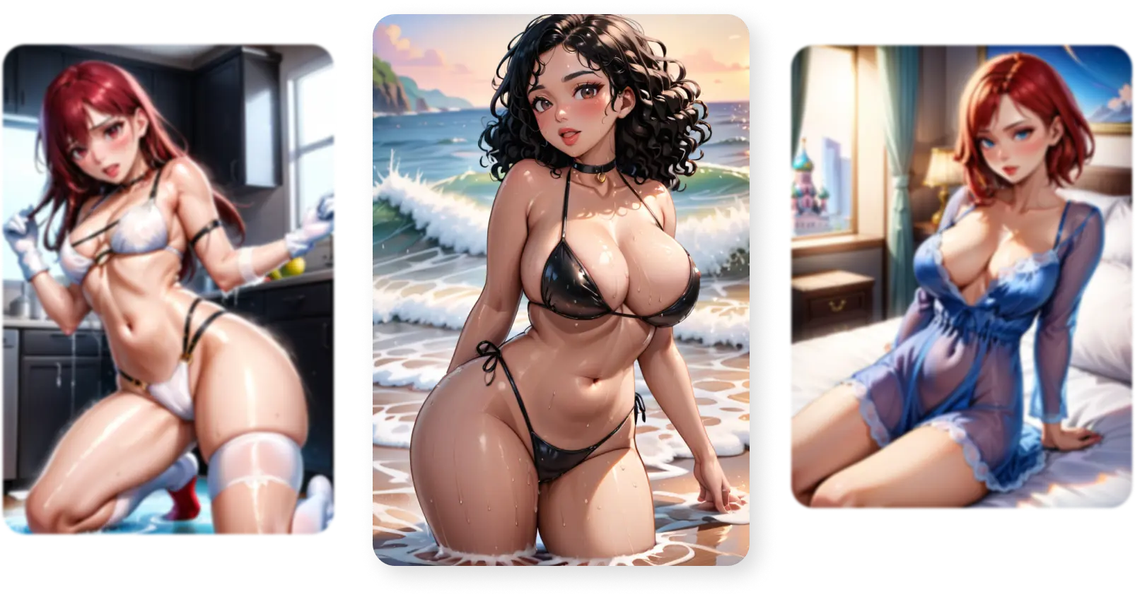 Stack of three images showing AI generated Girls created using Hot AI Anime Art Image Generator