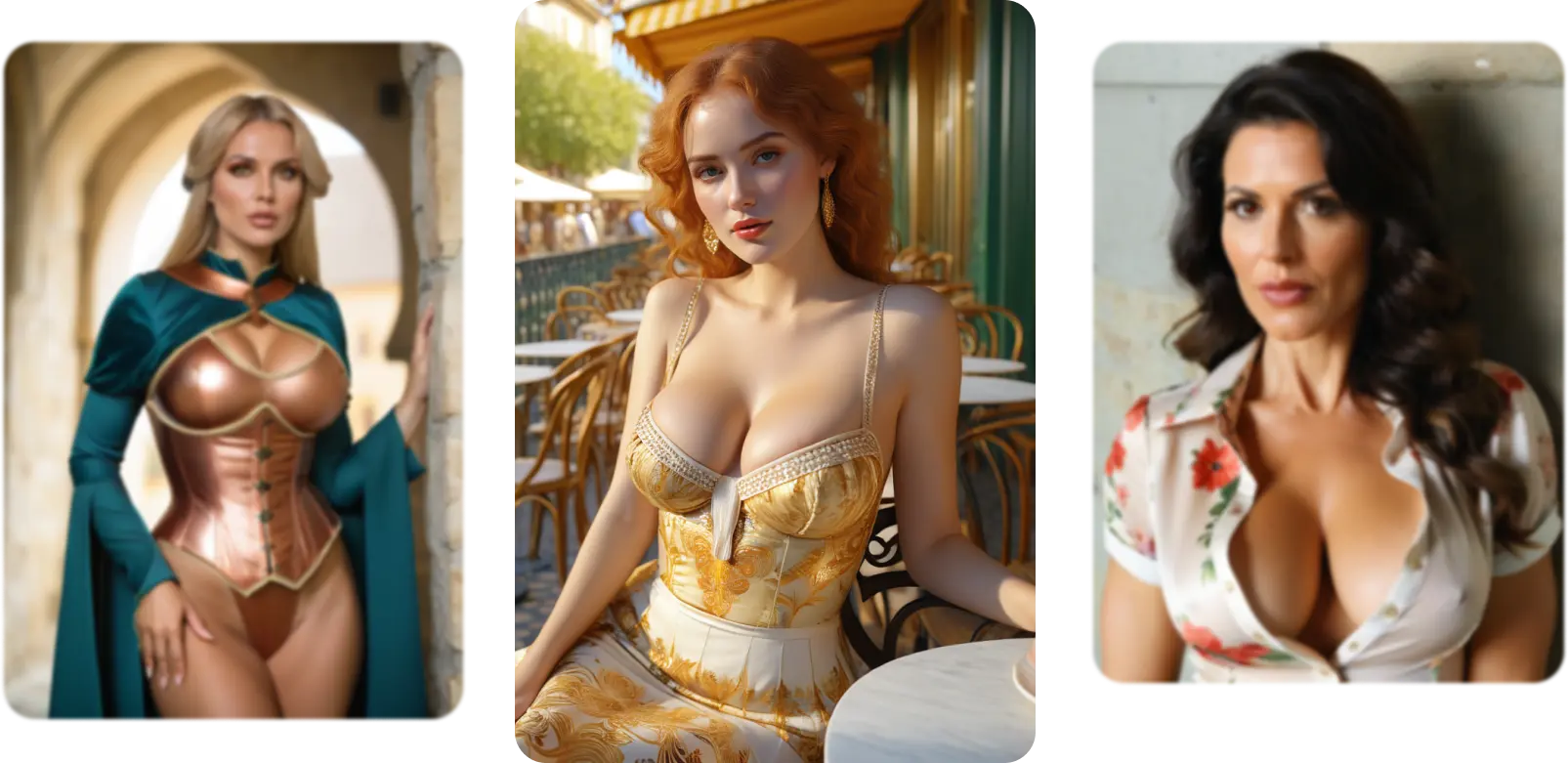 Stack of three images showing AI generated Girls created using Realistic AI Art Image Generator